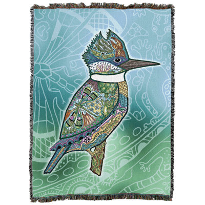Couverture jetée en tapisserie « Kingfisher - Animal Spirits Totem » de Sue Coccia, tissée en coton, fabriquée aux États-Unis (72 x 54 pouces).