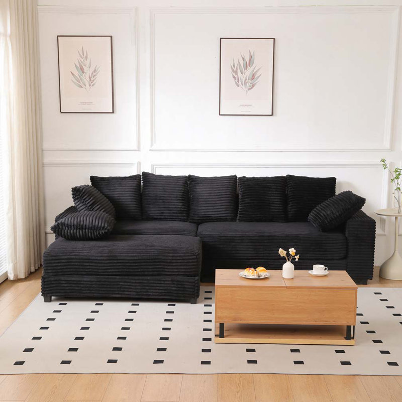 Canapé modulaire en velours côtelé 108,6 po avec repose-pieds, Noir