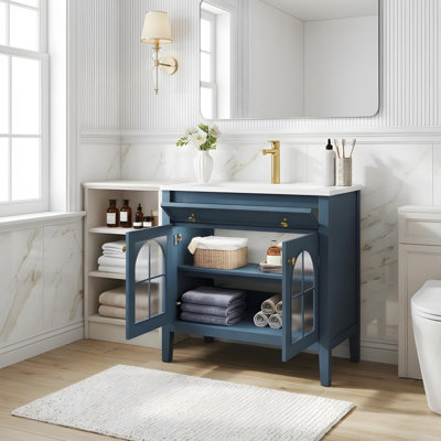 Meuble-lavabo 36 po avec lavabo en céramique, rangement et bande lumineuse activée par le mouvement