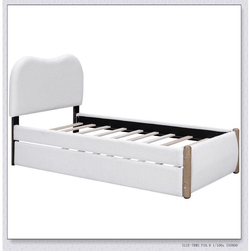 Lit plateforme tapissier avec pieds de soutien en bois et lit gigogne, Lit simple