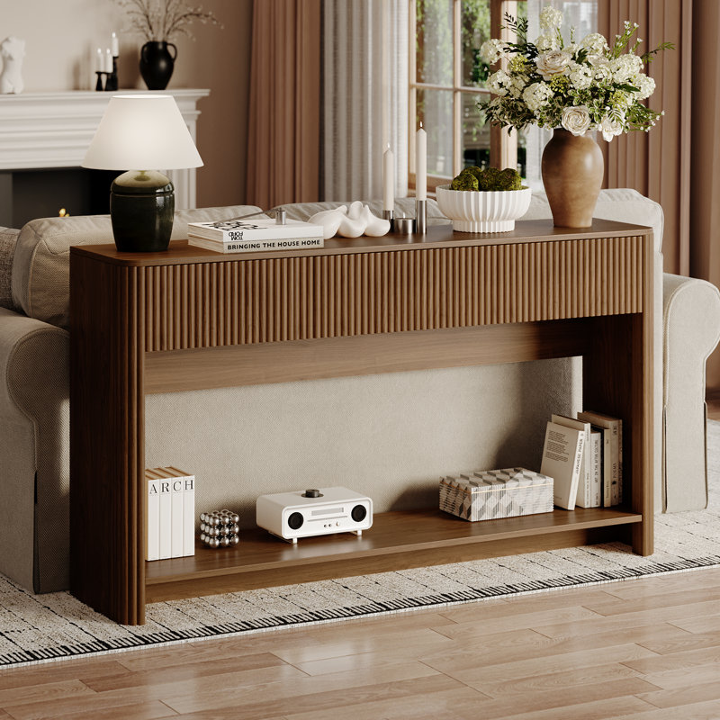 Modern Console Table With Shelf & Drawers, Walnut