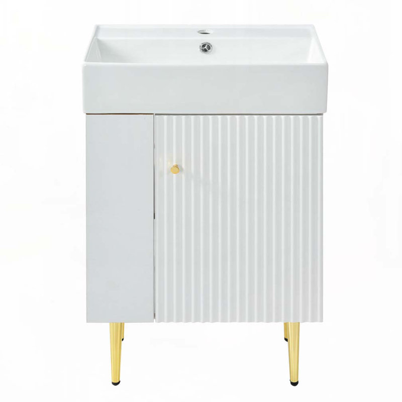 Meuble-lavabo de salle de bain avec lavabo en céramique, rangement à gauche, Blanc