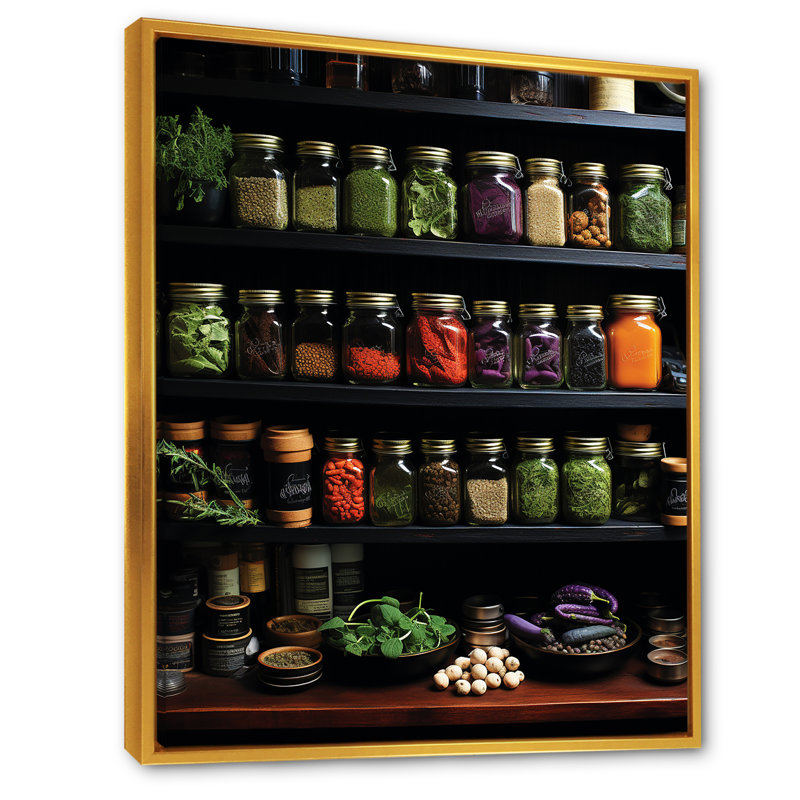 «Herbs Garden Pottery 2 - Floral Herbs», art mural, Cadre flottant doré, H 20 po x l 12 po