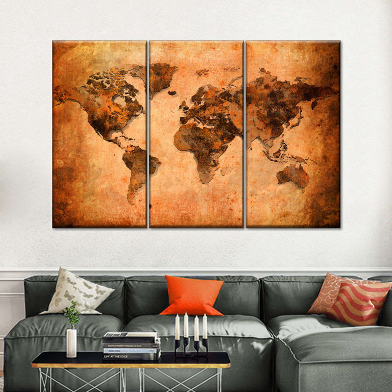 Carte du monde en terre cuite sur toile, ensemble de 3 pièces, H 20 po x l 33 po x P 1,25 po