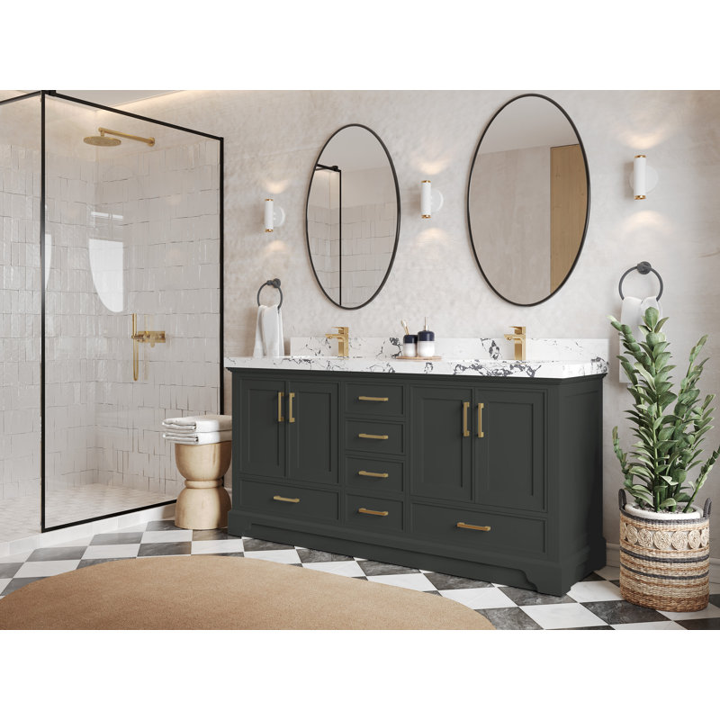 Charlotte 72" Double Sink Black Quartz Top Freestanding Vanity