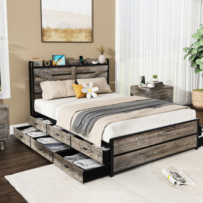 Queen Bed Frame With Storage Headboard And 12 Drawers, Metal Platform Non - Slip Mattress Foundation, Strong Slats Support, No Box Spring Needed, Large Capacity Tier Shelves On Headboard, Built In