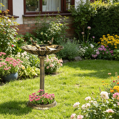 Outsunny 32" Antique Bird Bath With Pedestal Flower Planter Base, Vintage Style Decorative Birdbath, Bird Feeder Bowl & Planter Decoration Yard Statue, Bronze