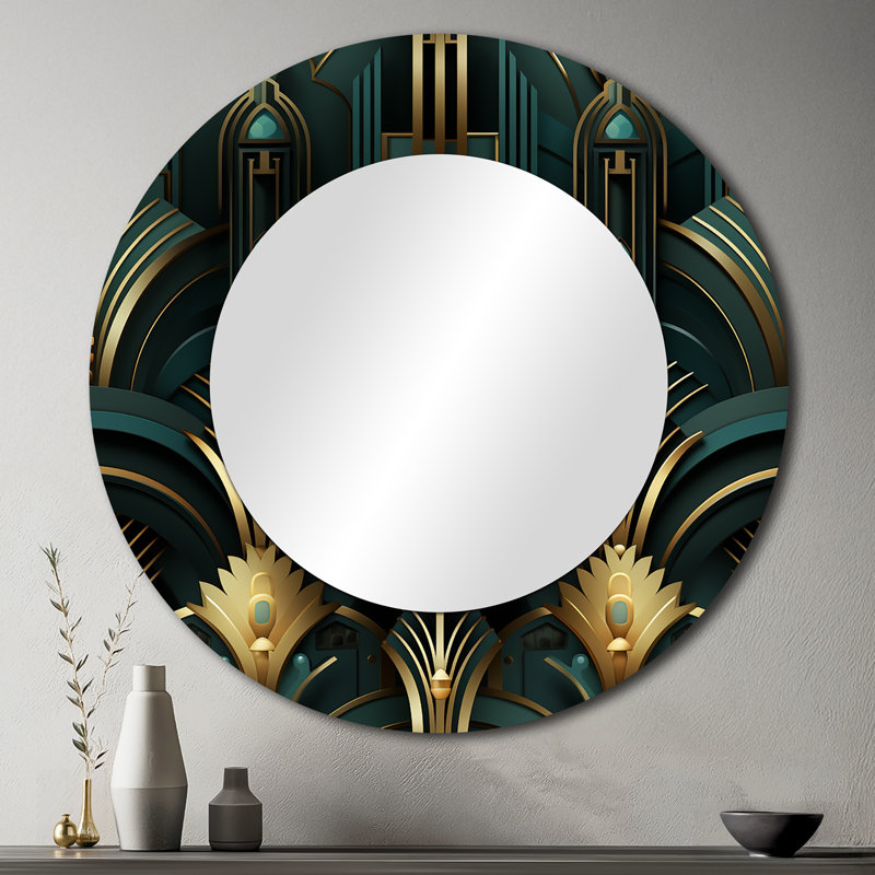 Gold And Green Art Deco Opulence - damask  Decorative Mirror, Boho Round Wall Mirror, Printed Metal Art, 36" x 36"