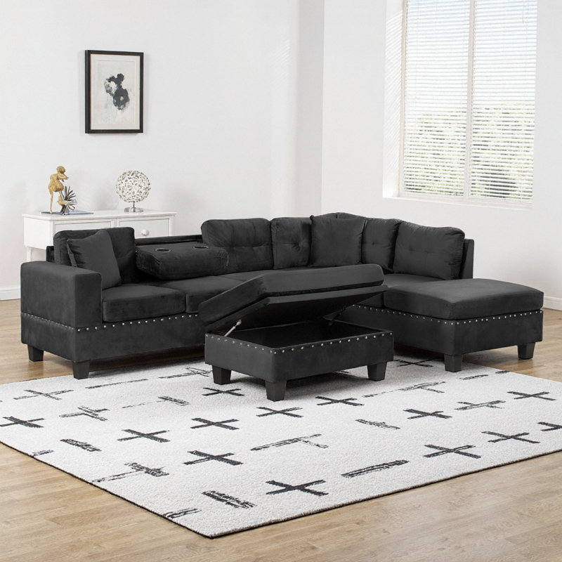 Canapé modulaire moderne en velours de 105 po avec repose-pieds et méridienne réversible, noir, Noir