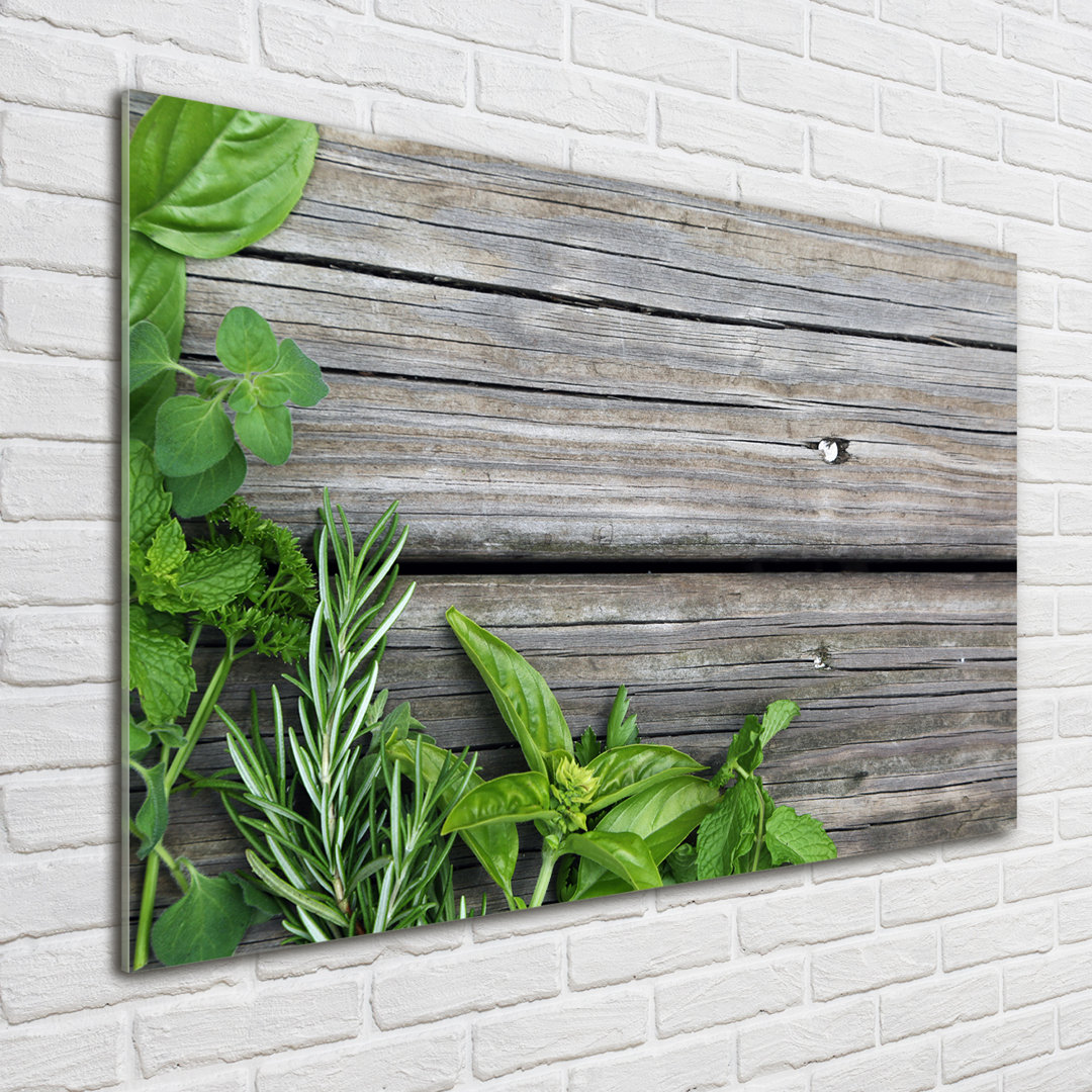 Glasbild Wooden Background Herbs