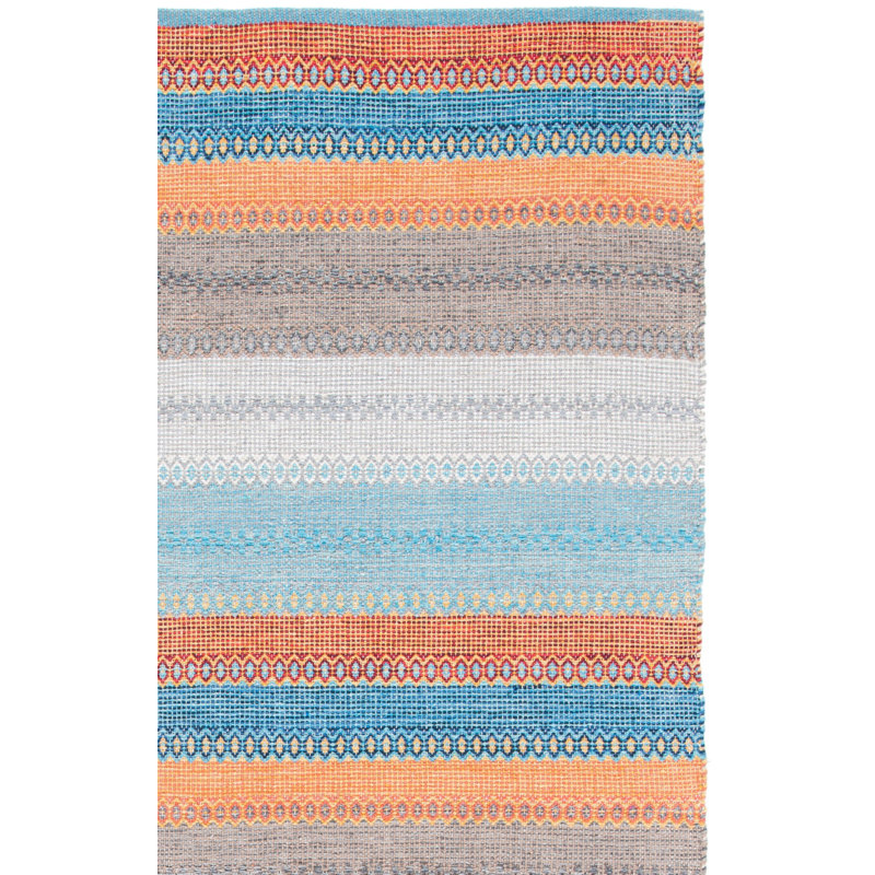 Tapis rayé en coton tissé à plat à la main Gulbranson - gris / bleu / orange, Rectangle 8 pi x 10 pi