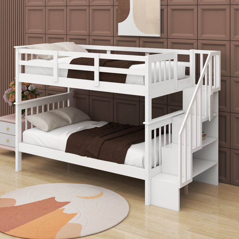 Twin Over Twin Bunk Bed With Storage And Guard Rail, White