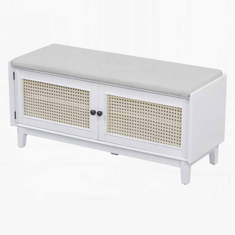 Boho Rattan Entryway Bench with Storage, Cushioned Wooden Shoe Organizer for Hallway, White/Beige
