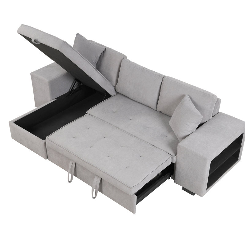 Canapé-lit réversible en L 3 places avec méridienne de rangement et 2 tabourets, 265 cm, gris, canapé d'angle 265 cm, tabourets