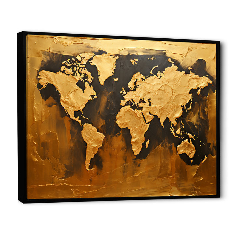 Carte du monde noire et dorée, impression sur toile, H 16 po x l 32 po x P 1 po, Cadre flottant noir