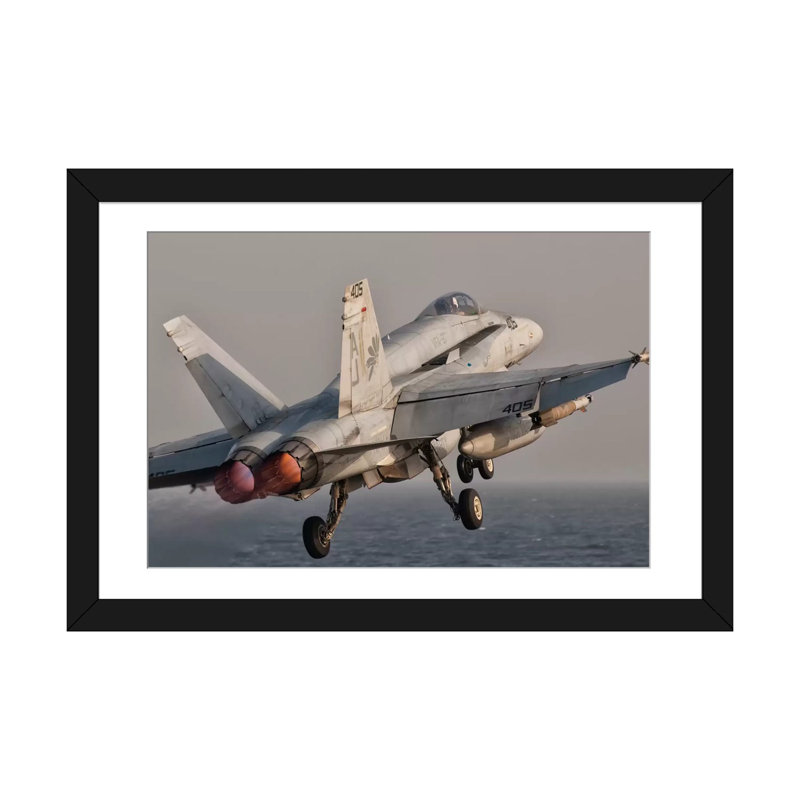 " A F/A-18C Hornet Taking Off From USS George H.W. Bush " by Giovanni Colla, Black Framed Paper, 24" H x 32" W x 1" D, White
