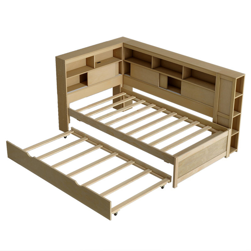 Lit de jour en bois avec tablettes de rangement, USB et lit gigogne, Naturel