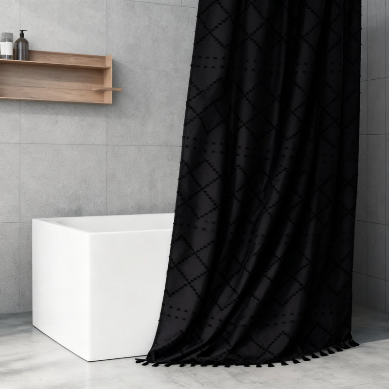 Rideau de douche à pampilles avec motif à chevrons texturé et tissu de salle de bain, Noir