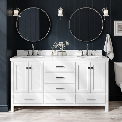 Cambridge 67'' Solid Wood Double Bathroom Vanity in White, with 1.5'' Pure White Quartz Top, Center, Oval Sink