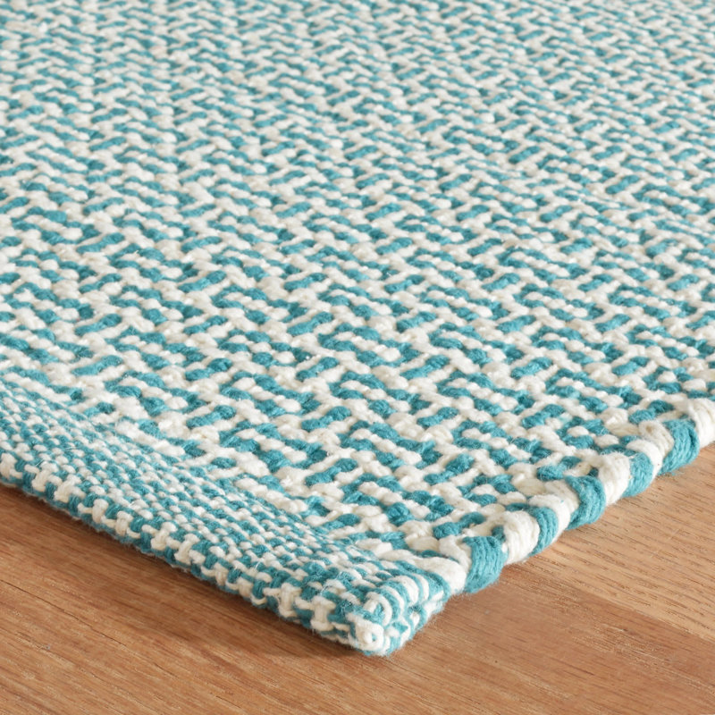 Miss Muffet Handwoven Cotton Rug, Teal/White, Rectangle 8' x 10'
