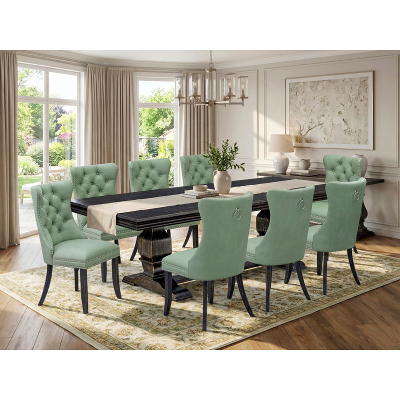 Ensemble de table de salle à manger 9 pièces comprenant une table rectangulaire et 8 chaises en tissu de polyester vert saule, noir sablé
