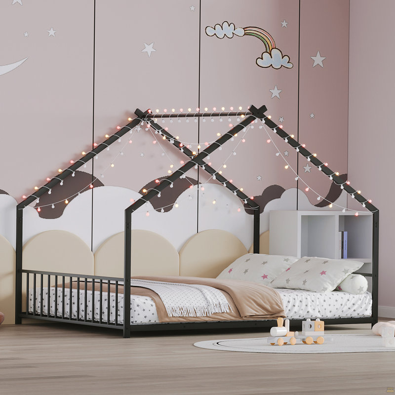Cadre de lit double pour enfant avec bandes lumineuses à DEL, cadre de lit en forme de toit, Noir, Lit double
