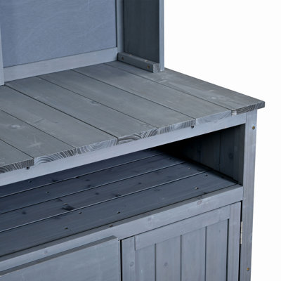 Grand banc de rempotage en bois de sapin, îlot de cuisine d'extérieur multifonctionnel de 45,3 po avec huche, armoires, tiroirs et crochets, grand comptoir pour le jardinage, barbecue