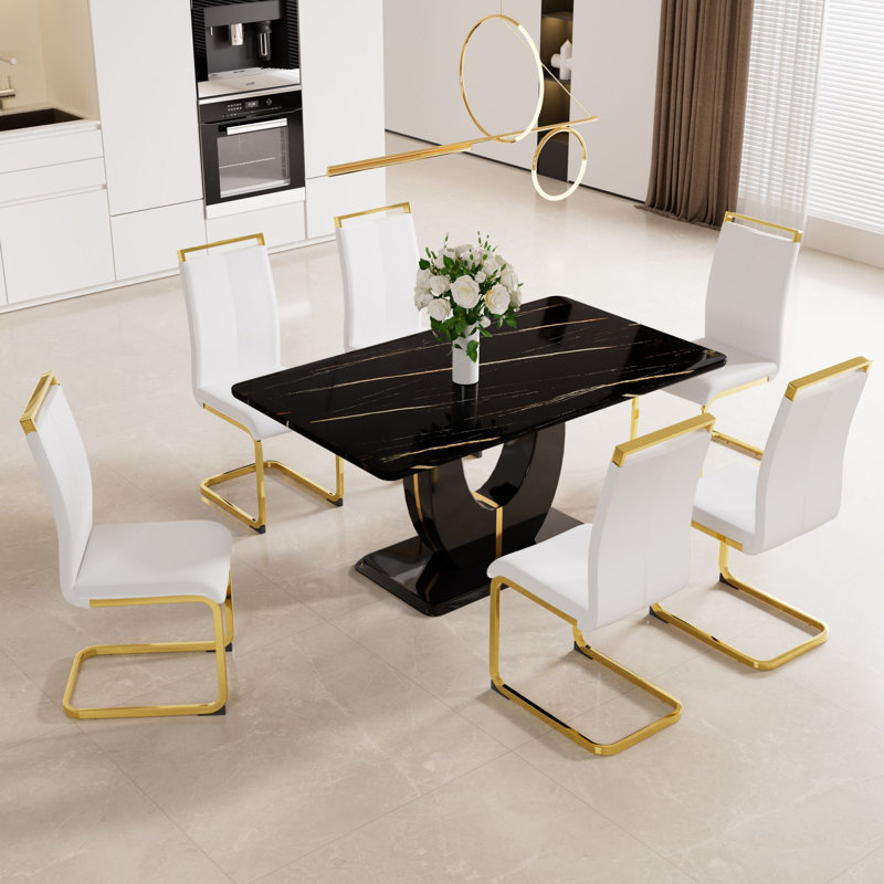Katalya 8 - Person Pedestal Dining Set, Black, White/Gold