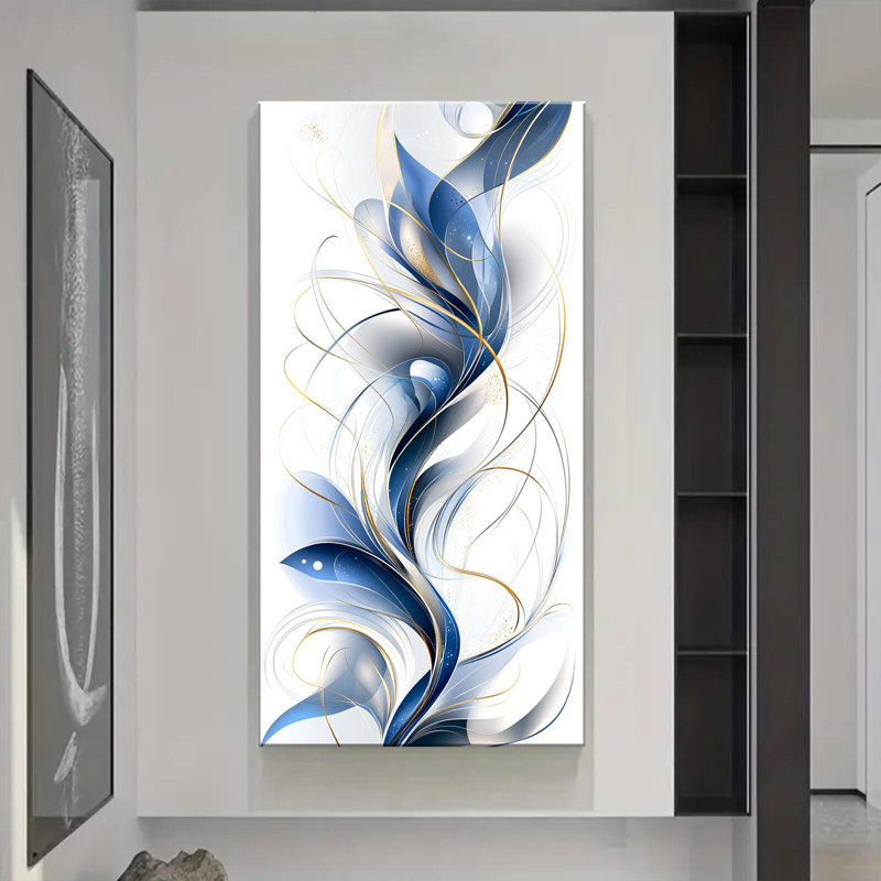 Unframed Vertical Canvas Wall Art Blue White Gold Swirl Fluid Abstract Contemporary Luxury Decor, H 32 po x l 16 po