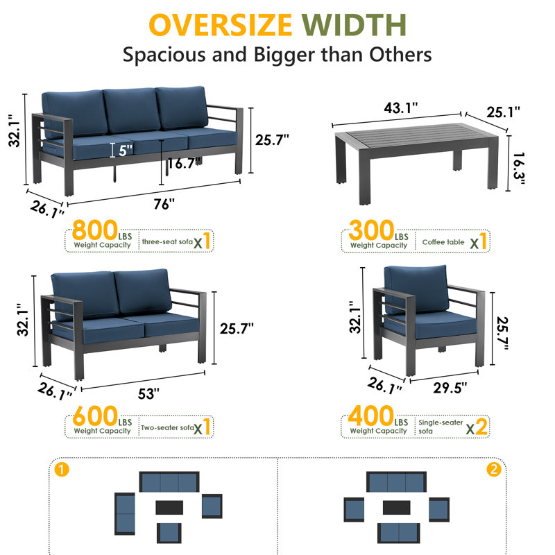 Ensemble de conversation pour 7 personnes avec coussins, Gris, Bleu