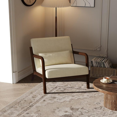 Chaise d'appoint avec molleton d'agneau, conception moderne Mid-Century, structure en bois, fauteuil avec coussin épais