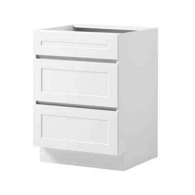Armoire blanche à base Shaker prête à assembler, armoire non assemblée de l 24 po, l 24 po x P 24 po x H 34,5 po, avec 3 tiroirs, quincaillerie à fermeture en douceur, bandes à bords fins, pour la maison, le bureau et la salle de lavage