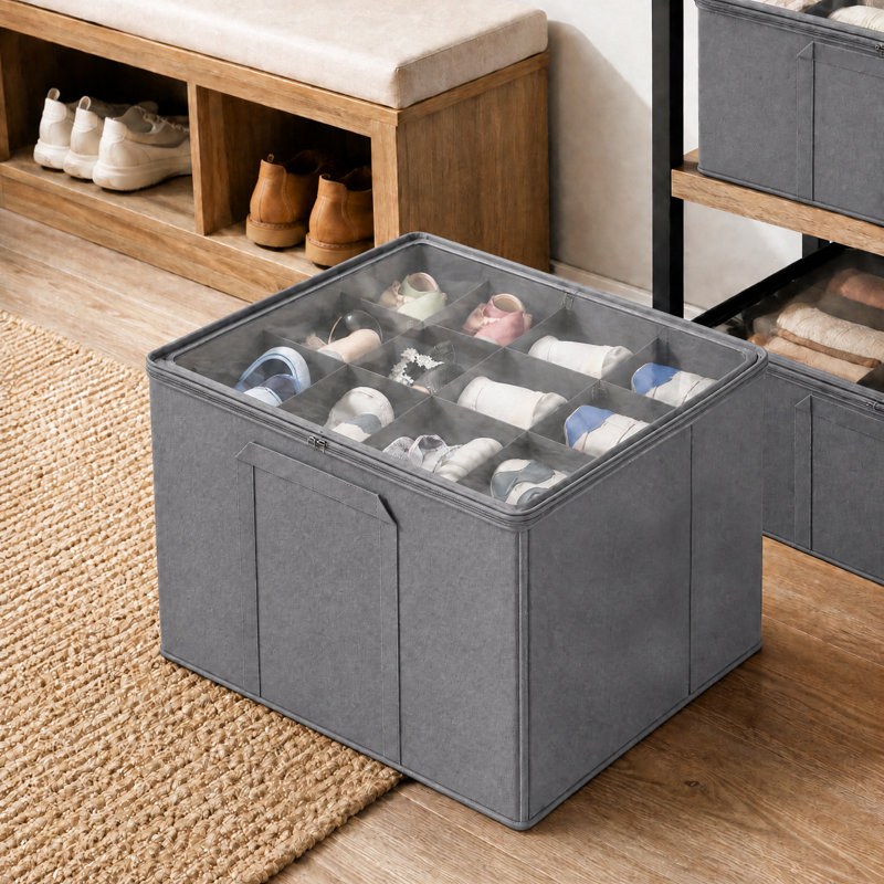 Shoe Organizer for Closet, 2 Pack Foldable Shoe Storage Containers with Adjustable Dividers, Fits 16-32 Pairs for Home and Closet Organization