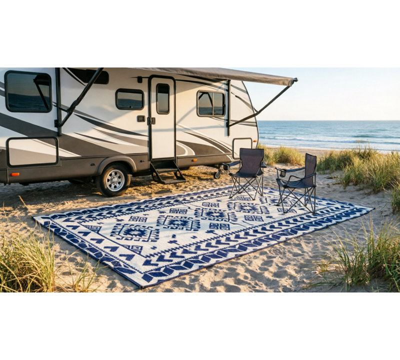 Tapis d'extérieur imperméable très grand 9 pi x 18 pi avec très grand tapis de camping réversible avec sac de transport, motif losange losange bleu et blanc, tissu doux et polypropylène pour véhicule récréatif, tente et terrasse moderne bord de mer