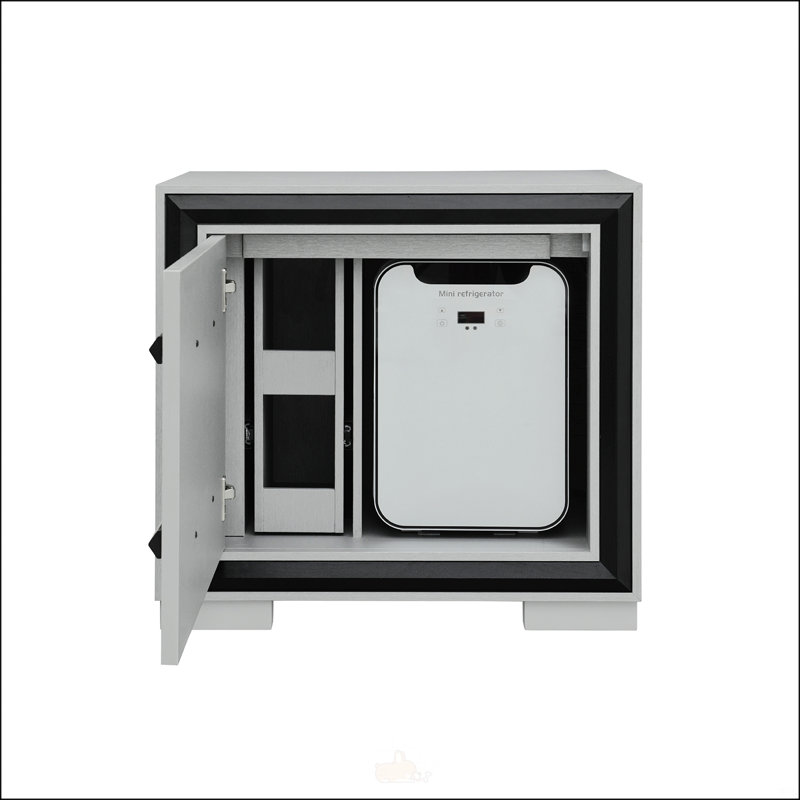 Table de chevet grise et noire Adelaide avec refroidisseur intégré et haut-parleur sans fil, parfaite pour les chambres à coucher modernes et le divertissement.
