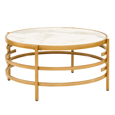 Contemporary  Light Luxe Style Gold-edged Round Coffee Table, Circular Staggered Design Metal Frame