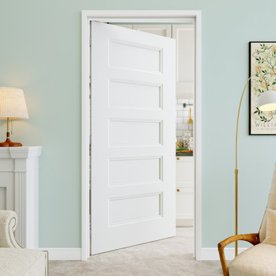 Porte intérieure pré-suspendue à 5 panneaux de 36 po x 80 po avec charnières argentées, finition blanche et peinturable, durable et imperméable, combinaison pour la lessive, portes de placard, portes de pièce, main gauche