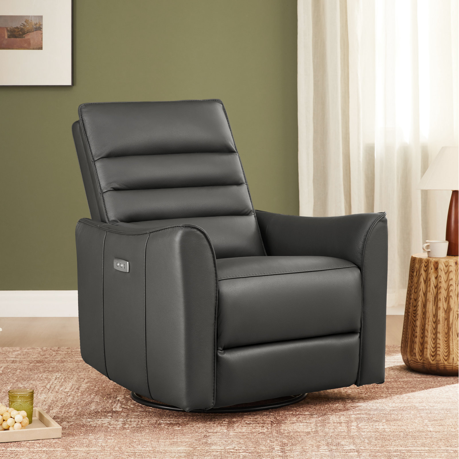 Gabi 33" Genuine Leather Swivel Power Recliner, Gray