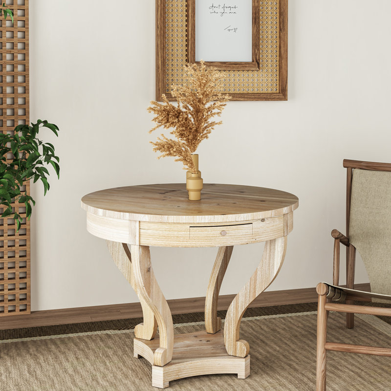 Table d'appoint ronde, style, petites dimensions, pieds incurvés, aspect bois naturel, 2 tiroirs de rangement, finition de style placage de sapin, plateau de table