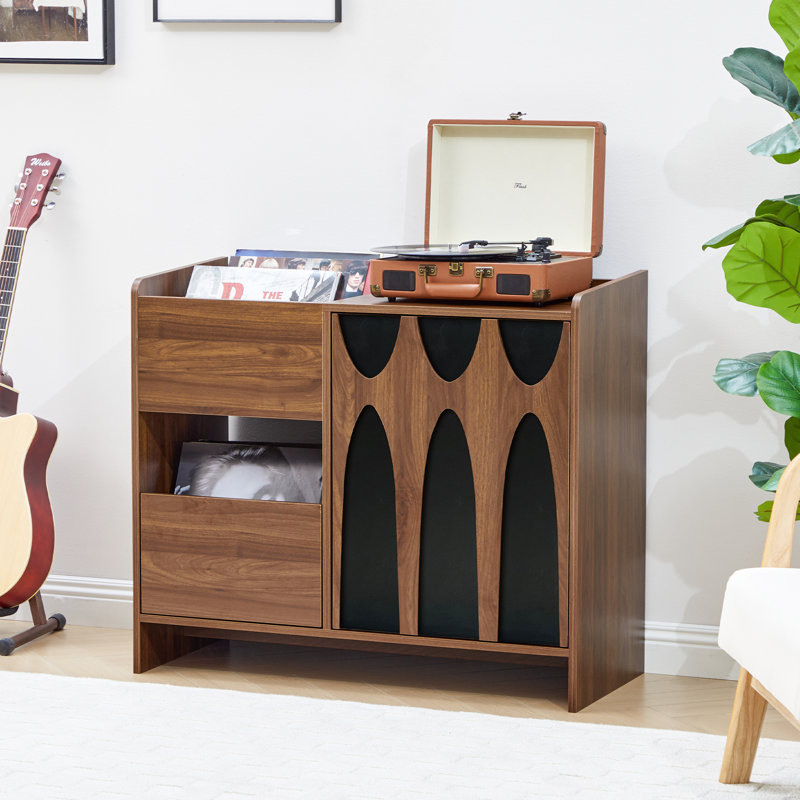 Record Player Stand with Vinyl Storage (35.4" W), Brown/Black