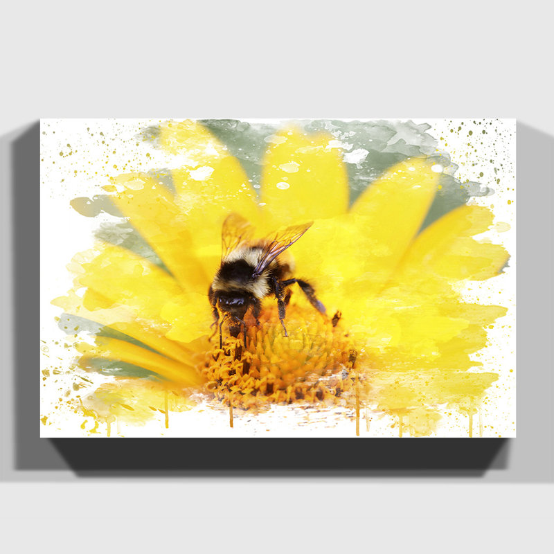 Bee Collecting Pollen Yellow Flower - Wall Art, 50cm H x 76cm W, Wrapped Canvas