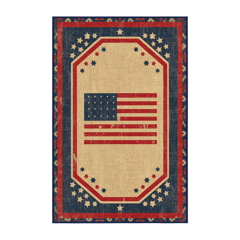 Machine Washable Collingswood July 4Th Modern & Contemporary Abstract Rug in Beige – Navy Binding, 7x9