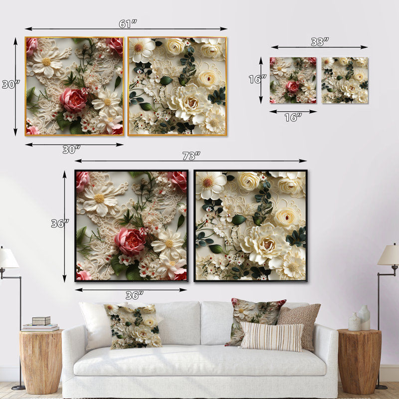 Ashington - Ensemble de 2 collages carrés floraux, H 16 po x l 33 po, Cadre flottant brun