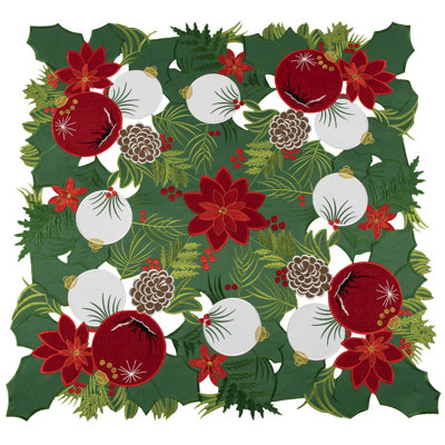 Table Topper Embroidered Forest Green Christmas Cutwork  34 Inch Square