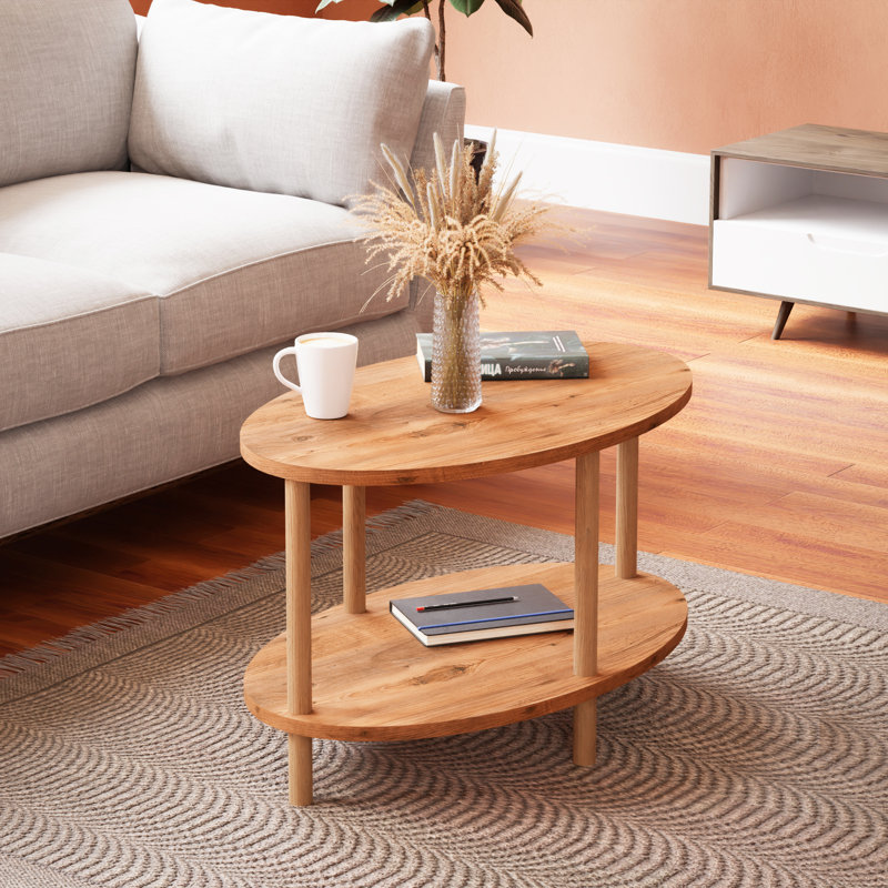 InterGo Oval Wooden Coffee Table with Modern Design, Double Decker Coffee Table, Hondah Center Table for Living Room, Stylish Newspaper and Magazine Storage (Brown)