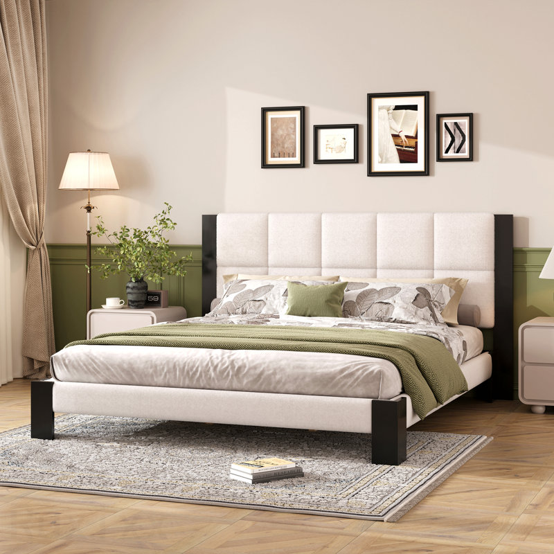 Cadre de lit très grand avec tête de lit Boucle Cal, beige et noir