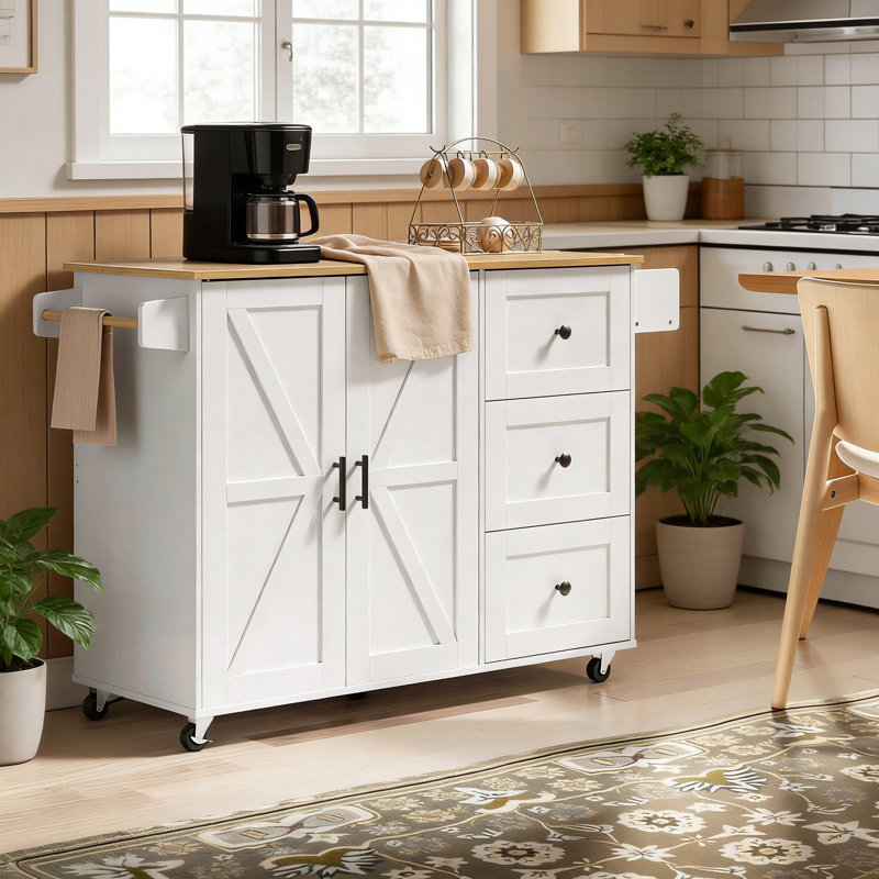 Kitchen Island Cart With Power Outlet And Storage, Mobile Workstation With 3 Drawers, Cabinet, Spice Rack, Adjustable Shelf, And Locking Wheels For Kitchen Organization