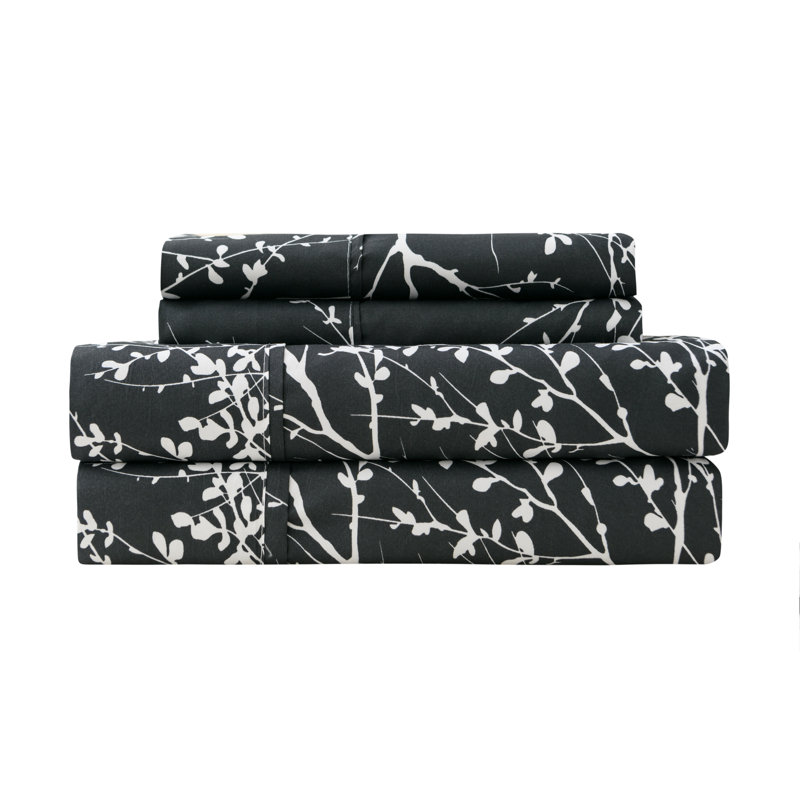 Ensemble de draps en microfibre Foliage, Noir/Ivoire, Drap pour taille de lit double avec drap-housse et