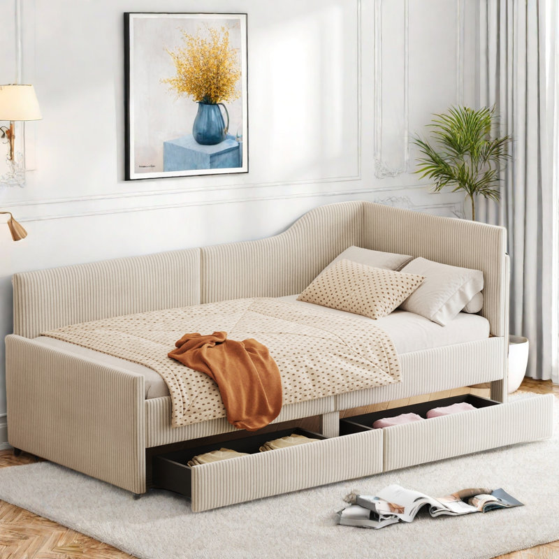 L-shaped Corduroy Daybed With 2 Storage Drawers, Beige