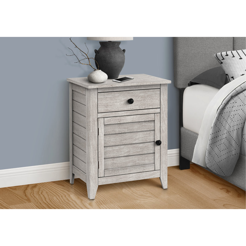 Table d'appoint avec rangement, placage gris, style transitionnel pour la chambre à coucher et le salon en placage - Rangement de table spacieux